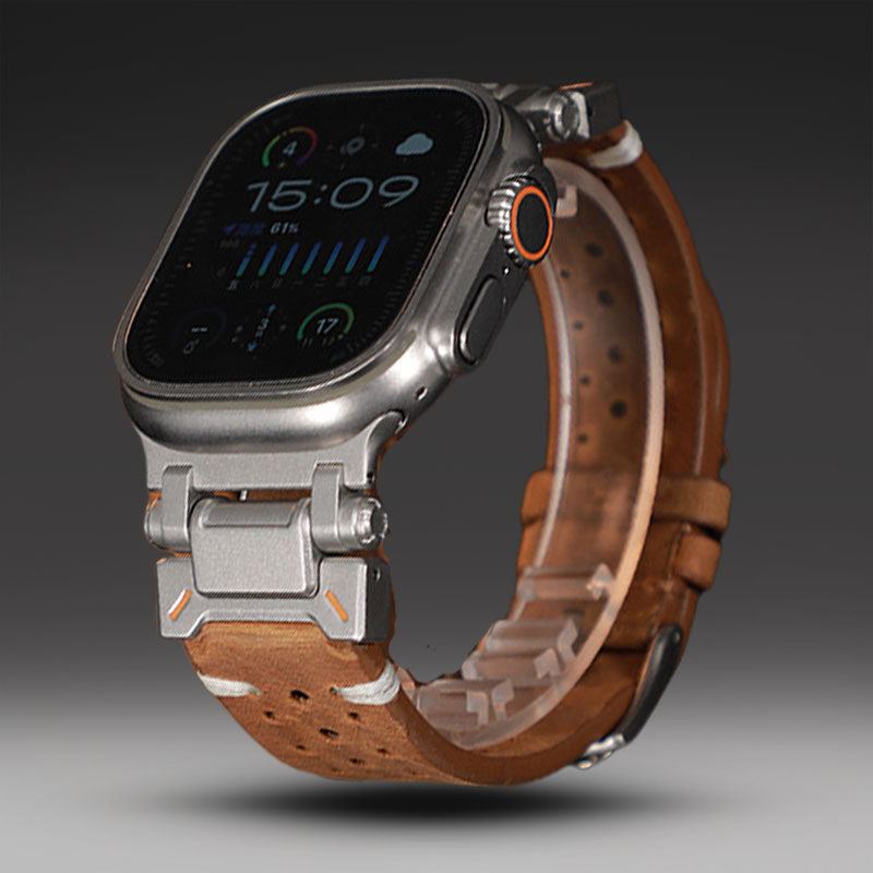 Leather Mechanical Metal Pin Buckle Band For Apple Watch